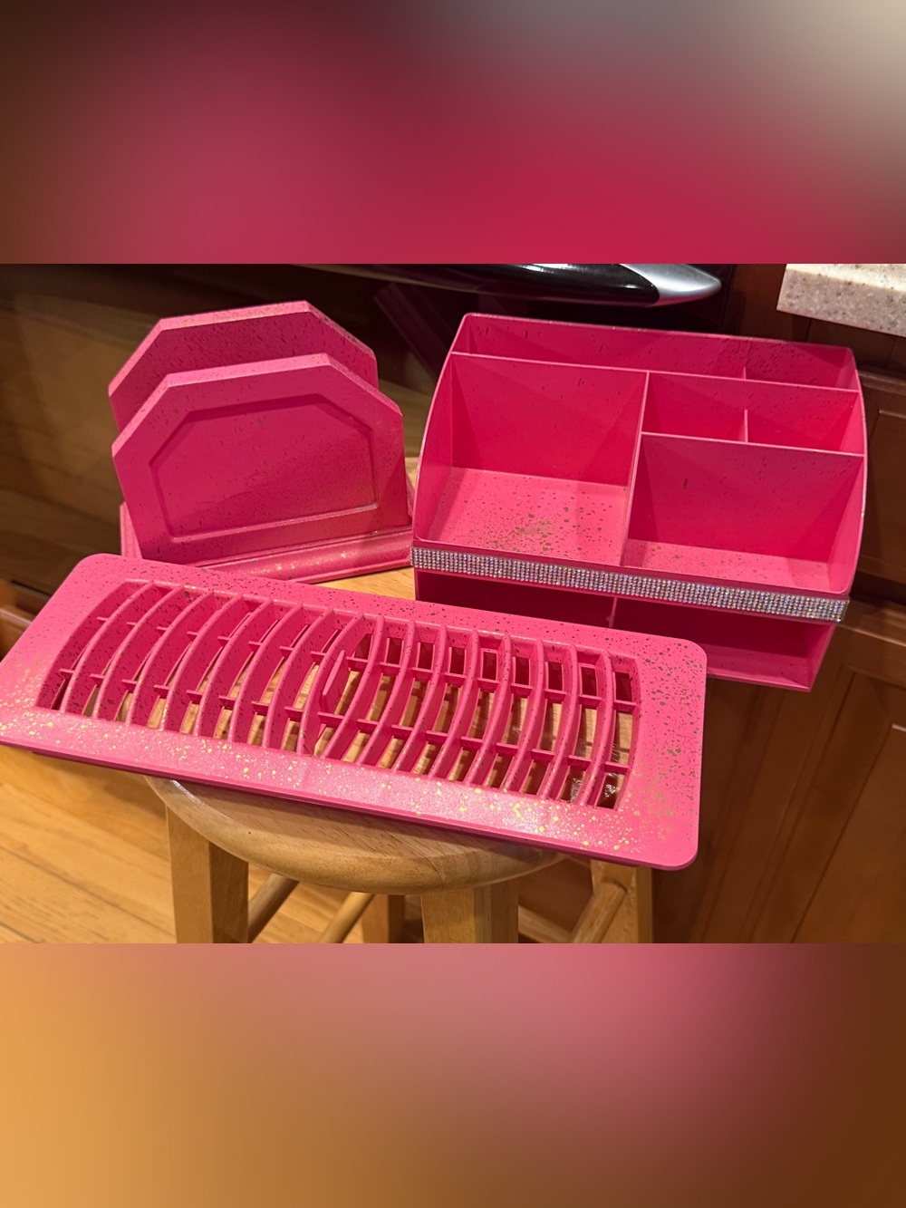 Hot Pink w/ Gold Splash & rhinestone accents Organizer Set & vent cover-Barbie